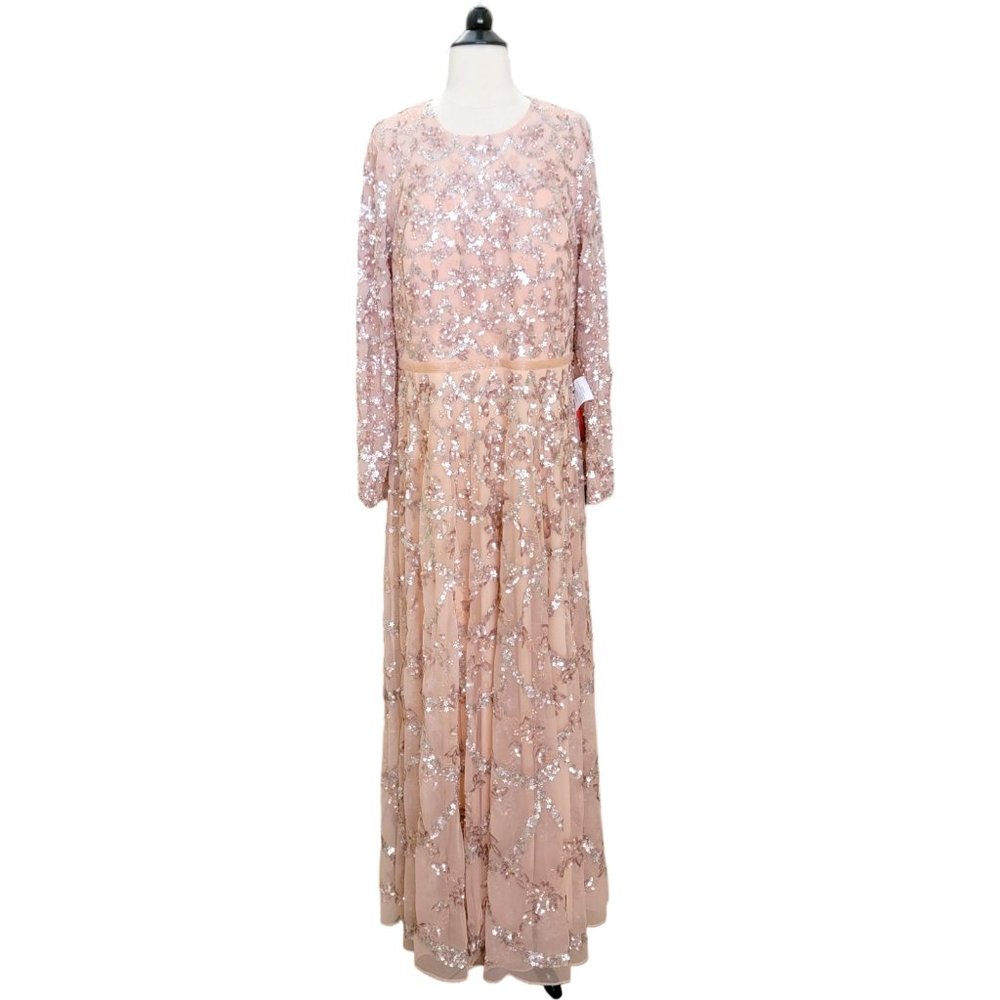NWT MAC DUGGAL EMBELLISHED ILLUSION HIGH NECK LONG SLEEVED GOWN‎ BLUSH 12 5496 - Picture 6 of 8